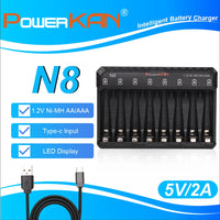POWERKAN N8 Battery Charger with LED Display for 8 1.2V Ni-MH Ni-Cd AA AAA Rechargeable Batteries USB-C 5V 2A