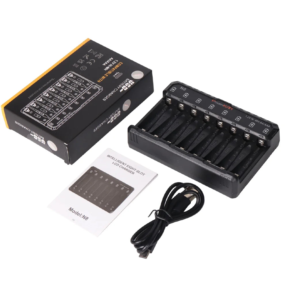 POWERKAN N8 Battery Charger with LED Display for 8 1.2V Ni-MH Ni-Cd AA AAA Rechargeable Batteries USB-C 5V 2A