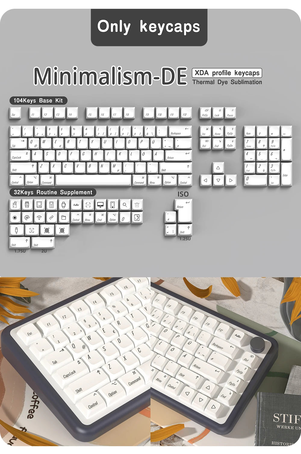 DE Keyboard Keycaps XDA Profile PBT German Keycap Dye-Sub ISO Alice Layout 7U Space bar For Mechanical Keyboard Wooting