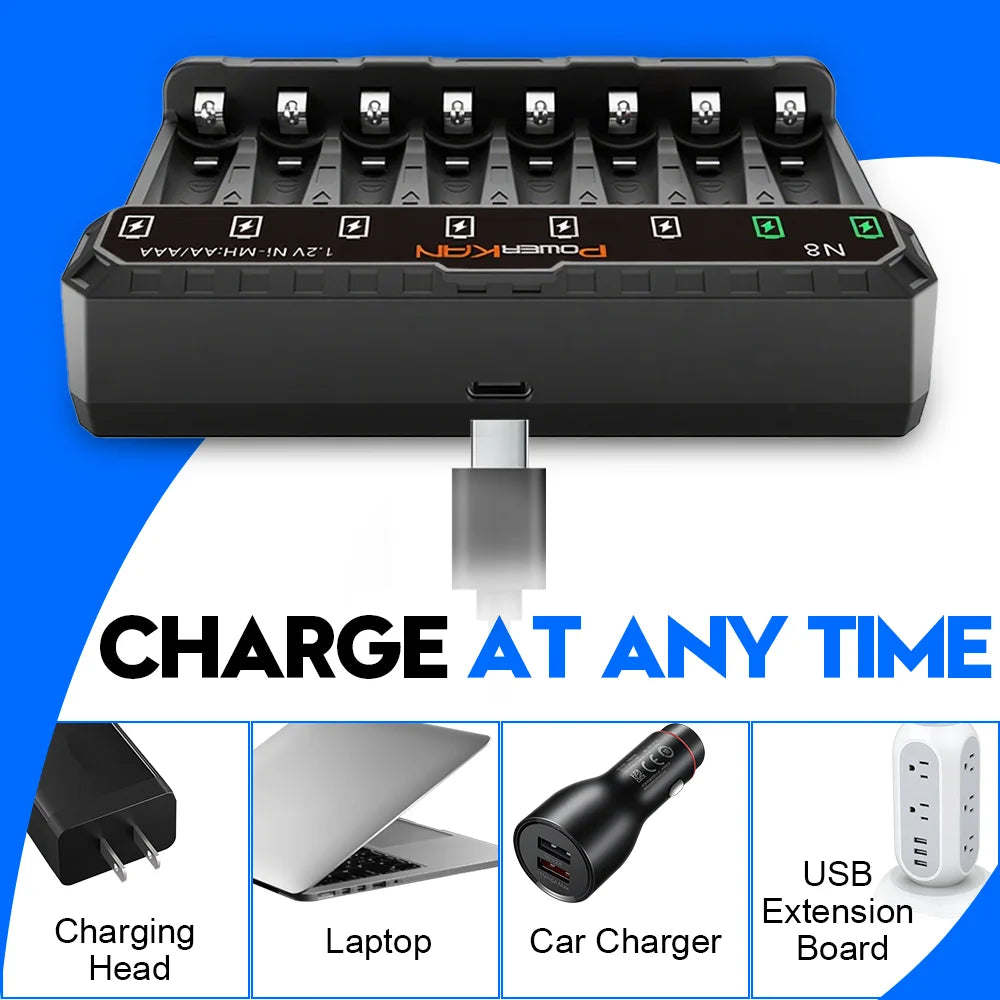 POWERKAN N8 Battery Charger with LED Display for 8 1.2V Ni-MH Ni-Cd AA AAA Rechargeable Batteries USB-C 5V 2A