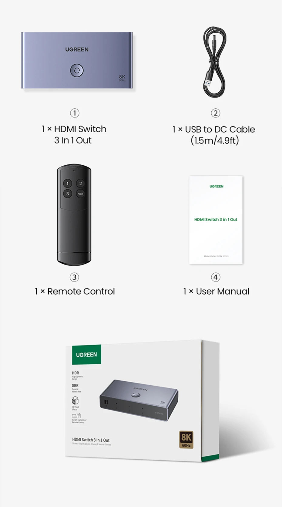 UGREEN HDMI 2.1 2.0 8K Switch 3 in 1 Out with Remote Control 8K@60Hz, 4K@120Hz Converter Splitter Switcher For Xbox PS5 Monitors