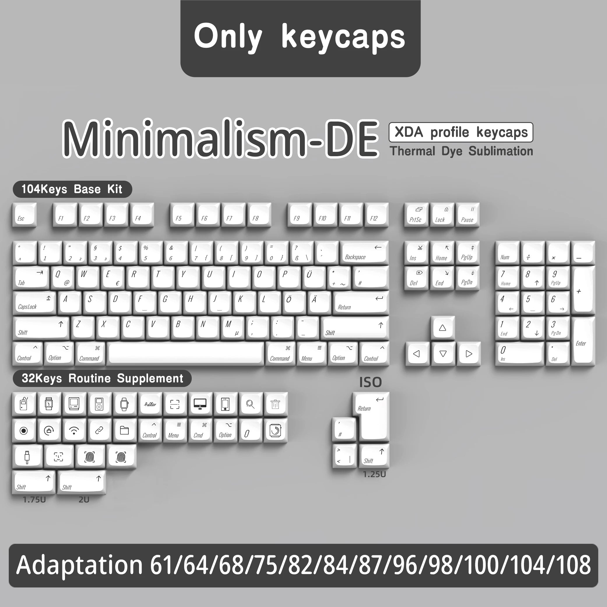 DE Keyboard Keycaps XDA Profile PBT German Keycap Dye-Sub ISO Alice Layout 7U Space bar For Mechanical Keyboard Wooting