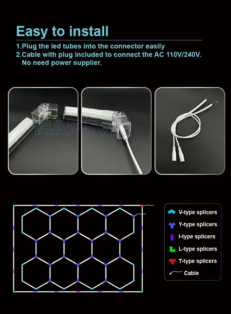 Barbershop Hair Salon Led Ceiling Light Hexagon Garage Light 110V/220V 14 Honeycomb Led Tube Lighting For Car Detailing Workshop