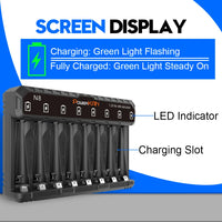 POWERKAN N8 Battery Charger with LED Display for 8 1.2V Ni-MH Ni-Cd AA AAA Rechargeable Batteries USB-C 5V 2A