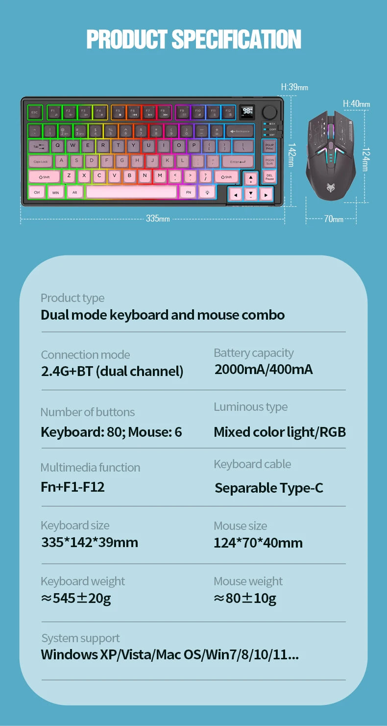 Dual-Mode 80 Keys Wireless Gaming Keyboard Combo,2.4G/BT5.1 Mechanical Keyboard Set With RGB Backlight For PC Laptop Office