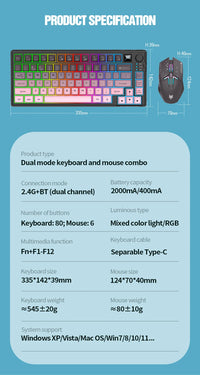 Dual-Mode 80 Keys Wireless Gaming Keyboard Combo,2.4G/BT5.1 Mechanical Keyboard Set With RGB Backlight For PC Laptop Office