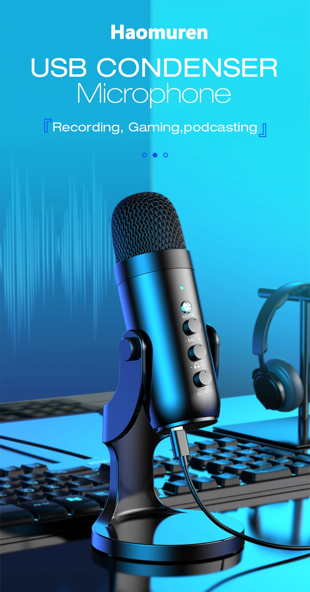 Haomuren USB Microphone for PC Mac Gaming Recording Streaming Podcast,Computer Condenser Mic with Phone Adapter Headphone Output