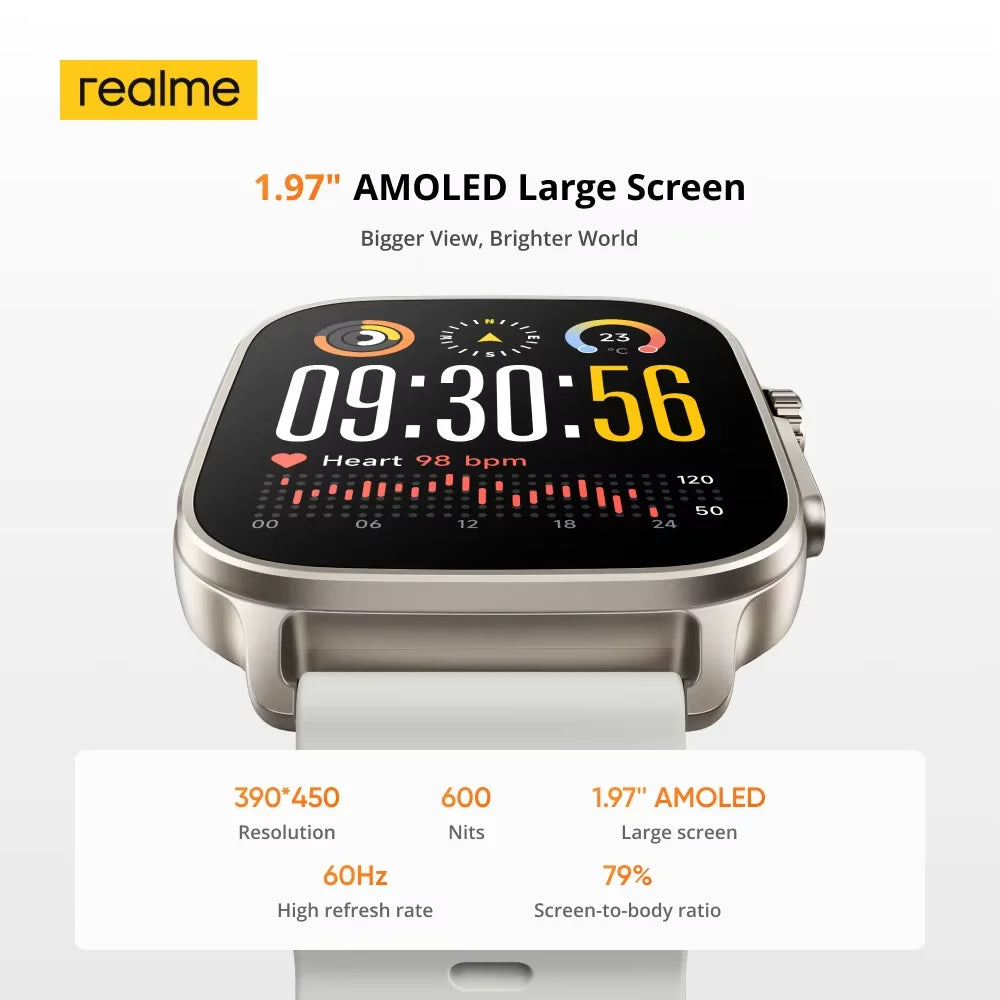 realme Watch 5 Smart Watch 1.97" 2D Flat AMOLED Display Compass & Independent GPS with 5 GNSS 14-day Battery Life NFC Card IP68