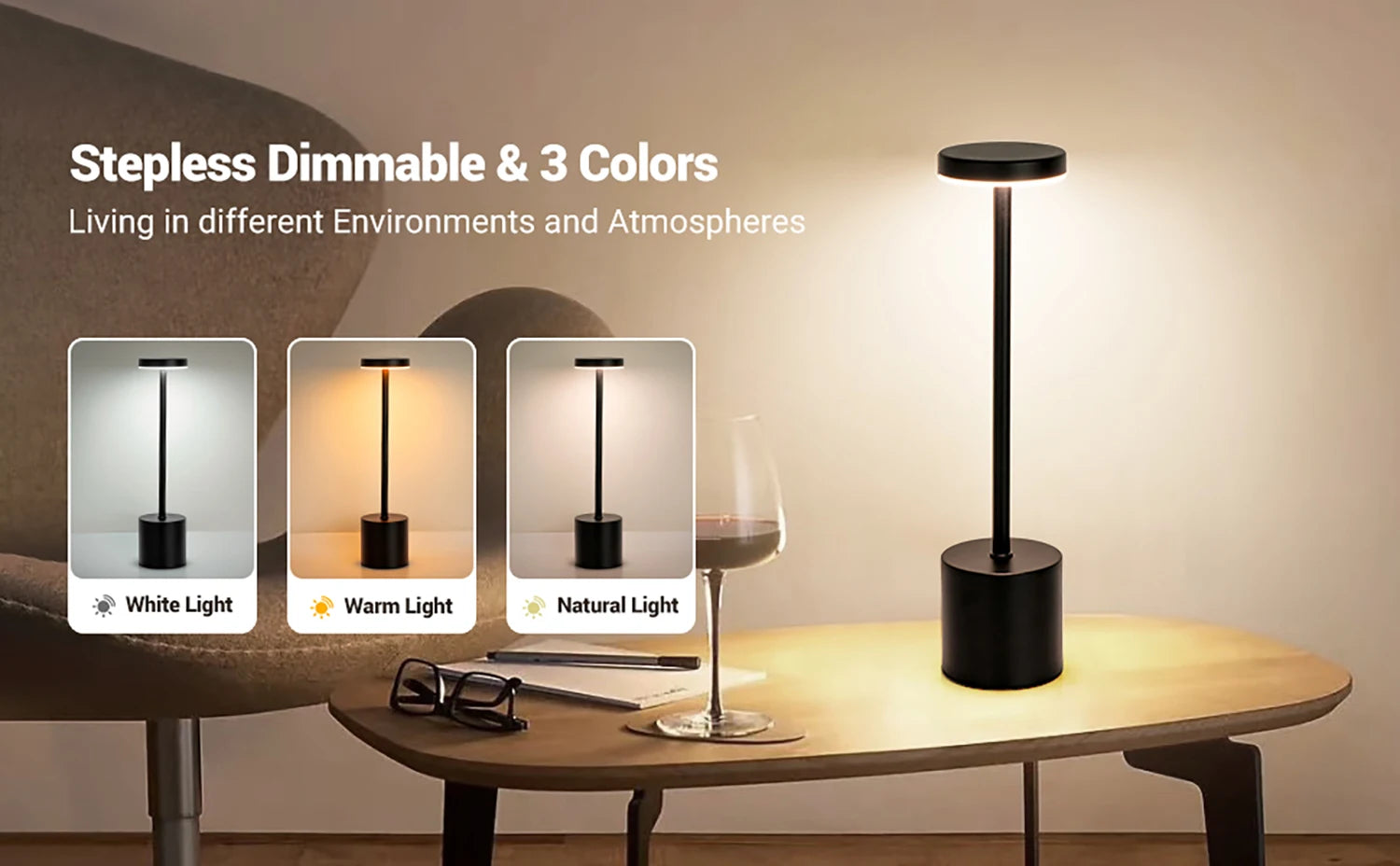 LED Table Lamp Touch Sensor Rechargeable Desktop Night Light Wireless Reading Lamp for Restaurant Hotel Bar Bedroom Decor Light