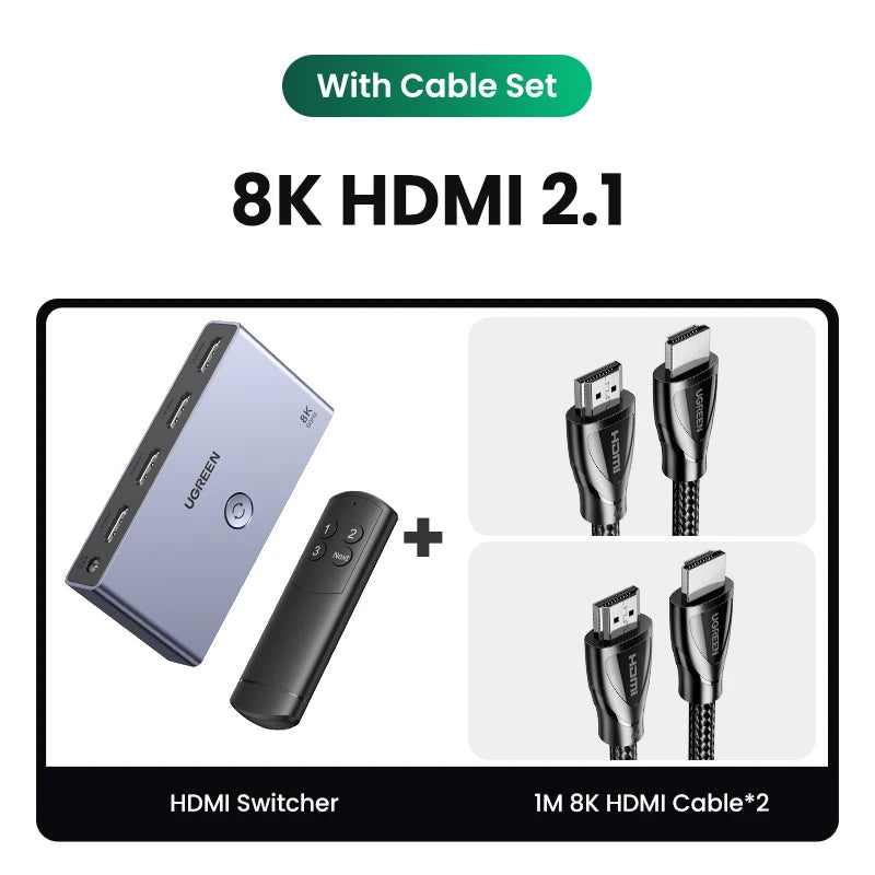 UGREEN HDMI 2.1 2.0 8K Switch 3 in 1 Out with Remote Control 8K@60Hz, 4K@120Hz Converter Splitter Switcher For Xbox PS5 Monitors