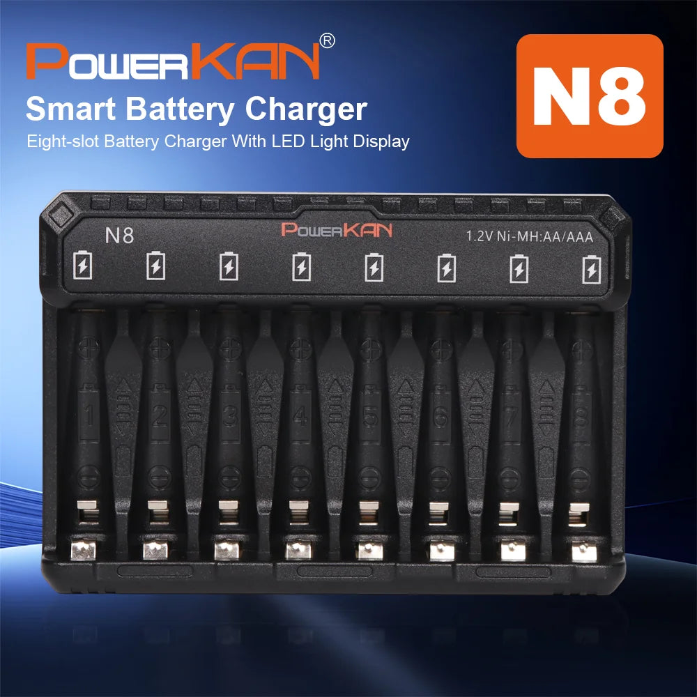 POWERKAN N8 Battery Charger with LED Display for 8 1.2V Ni-MH Ni-Cd AA AAA Rechargeable Batteries USB-C 5V 2A