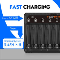 POWERKAN N8 Battery Charger with LED Display for 8 1.2V Ni-MH Ni-Cd AA AAA Rechargeable Batteries USB-C 5V 2A
