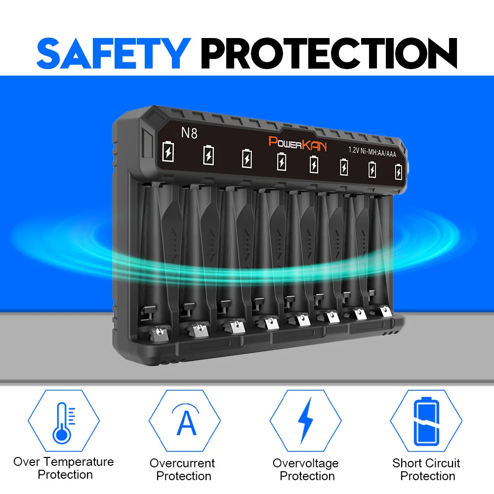 POWERKAN N8 Battery Charger with LED Display for 8 1.2V Ni-MH Ni-Cd AA AAA Rechargeable Batteries USB-C 5V 2A