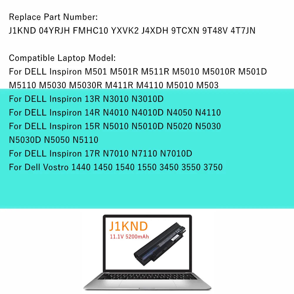 New Laptop battery For Dell Inspiron N5020 N5030 N5040 N5050 N4010 N5010 N5110 N7010 N7110 For Vostro 1450 3450 3550 3750 J1KND