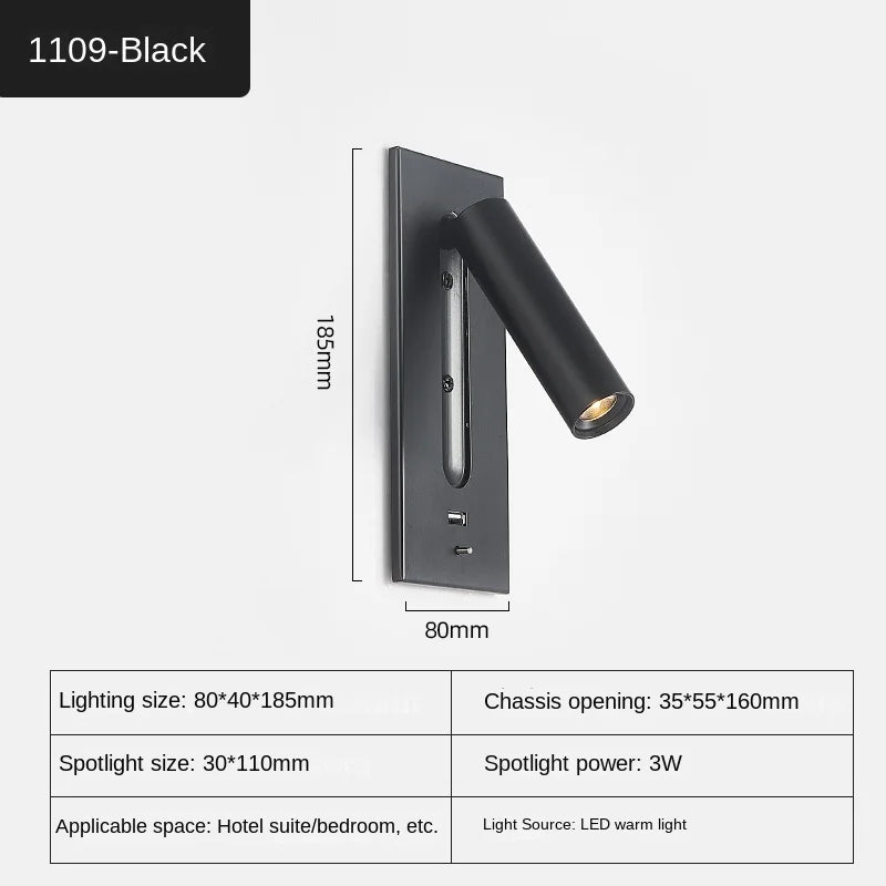 Interior LED Wall Lamp 110-240V with USB Charging Decor for Bedroom Reading Lighting Hotel Headboard LED Embedded Wall Light