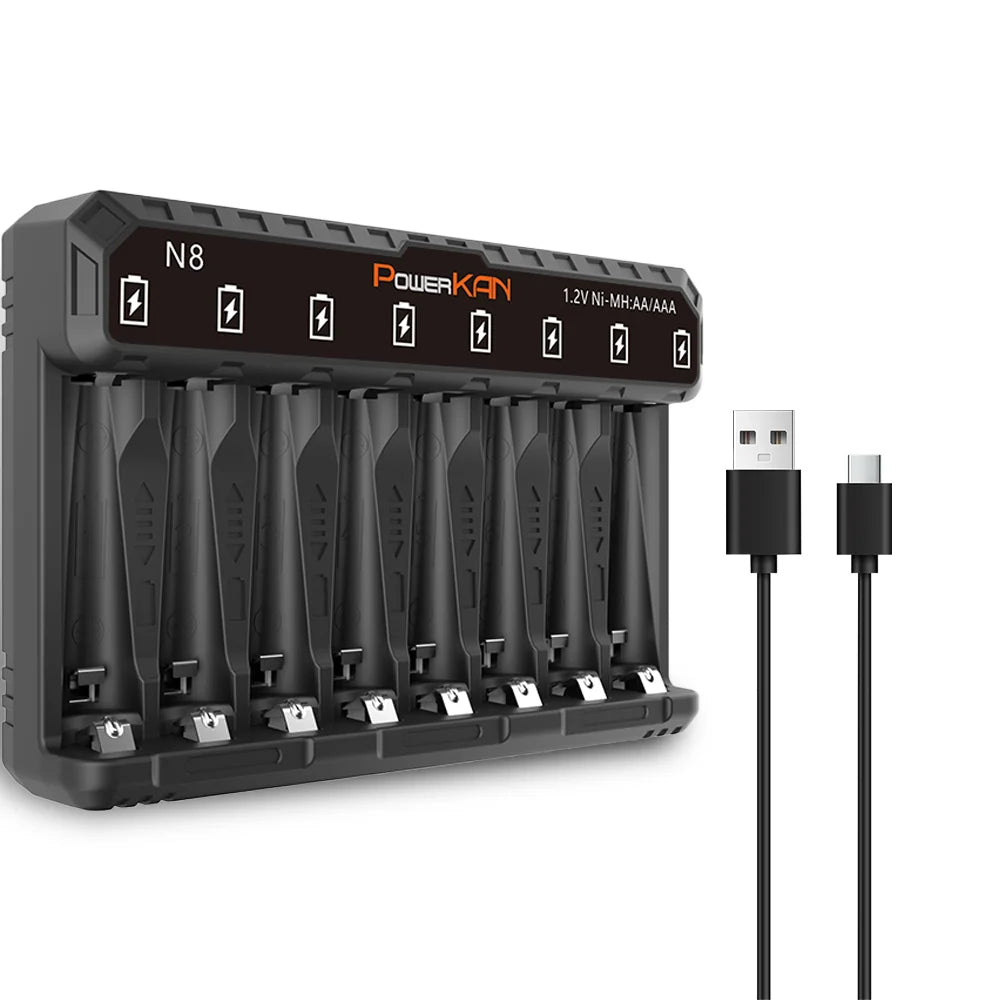 POWERKAN N8 Battery Charger with LED Display for 8 1.2V Ni-MH Ni-Cd AA AAA Rechargeable Batteries USB-C 5V 2A
