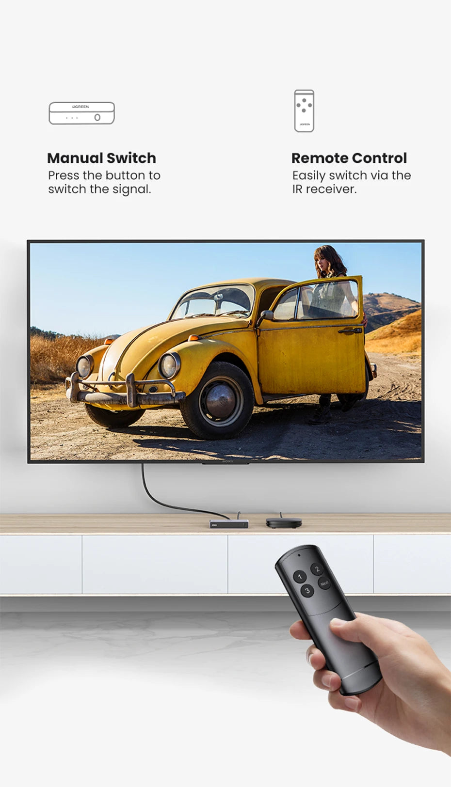 UGREEN HDMI 2.1 2.0 8K Switch 3 in 1 Out with Remote Control 8K@60Hz, 4K@120Hz Converter Splitter Switcher For Xbox PS5 Monitors