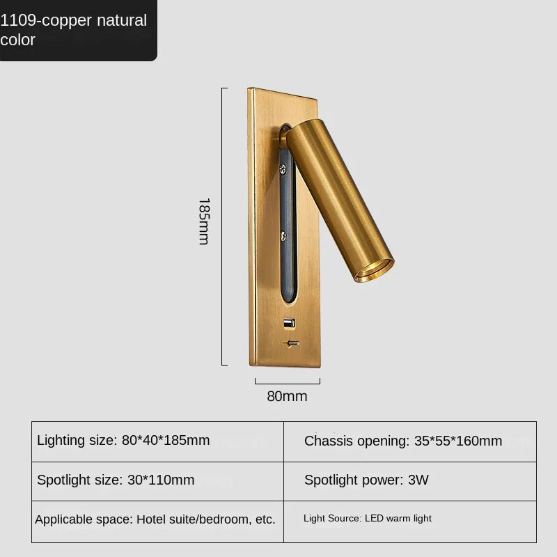 Interior LED Wall Lamp 110-240V with USB Charging Decor for Bedroom Reading Lighting Hotel Headboard LED Embedded Wall Light