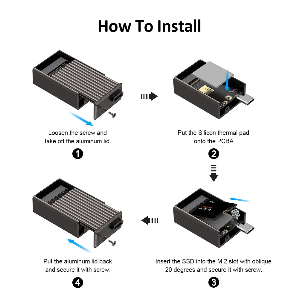 2230 M.2 NVMe SSD Enclosure with Cooling Fan USB 3.2 Gen 2 to NVMe PCI-E M.2 SSD Case for Laptop iPhone 16 Pro 15 iPad