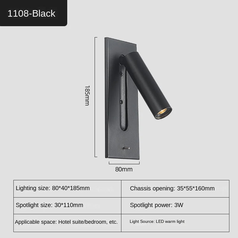 Interior LED Wall Lamp 110-240V with USB Charging Decor for Bedroom Reading Lighting Hotel Headboard LED Embedded Wall Light