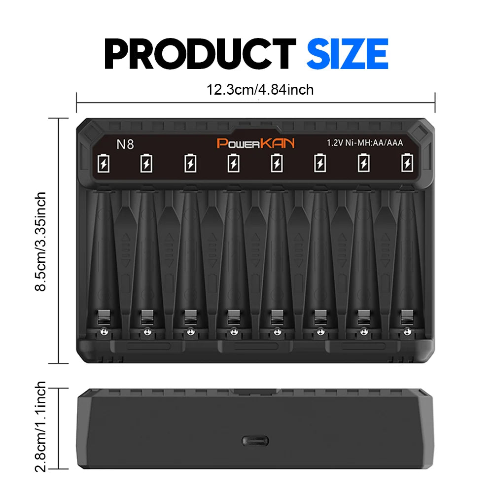 POWERKAN N8 Battery Charger with LED Display for 8 1.2V Ni-MH Ni-Cd AA AAA Rechargeable Batteries USB-C 5V 2A